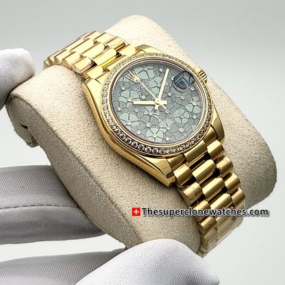 Rolex Datejust Yellow Gold Diamonds Set Floral Motif Olive Green Dial 31mm Exact 1:1 Super Clone 2236 Swiss Movement Replica Watch Ref-278288RBR