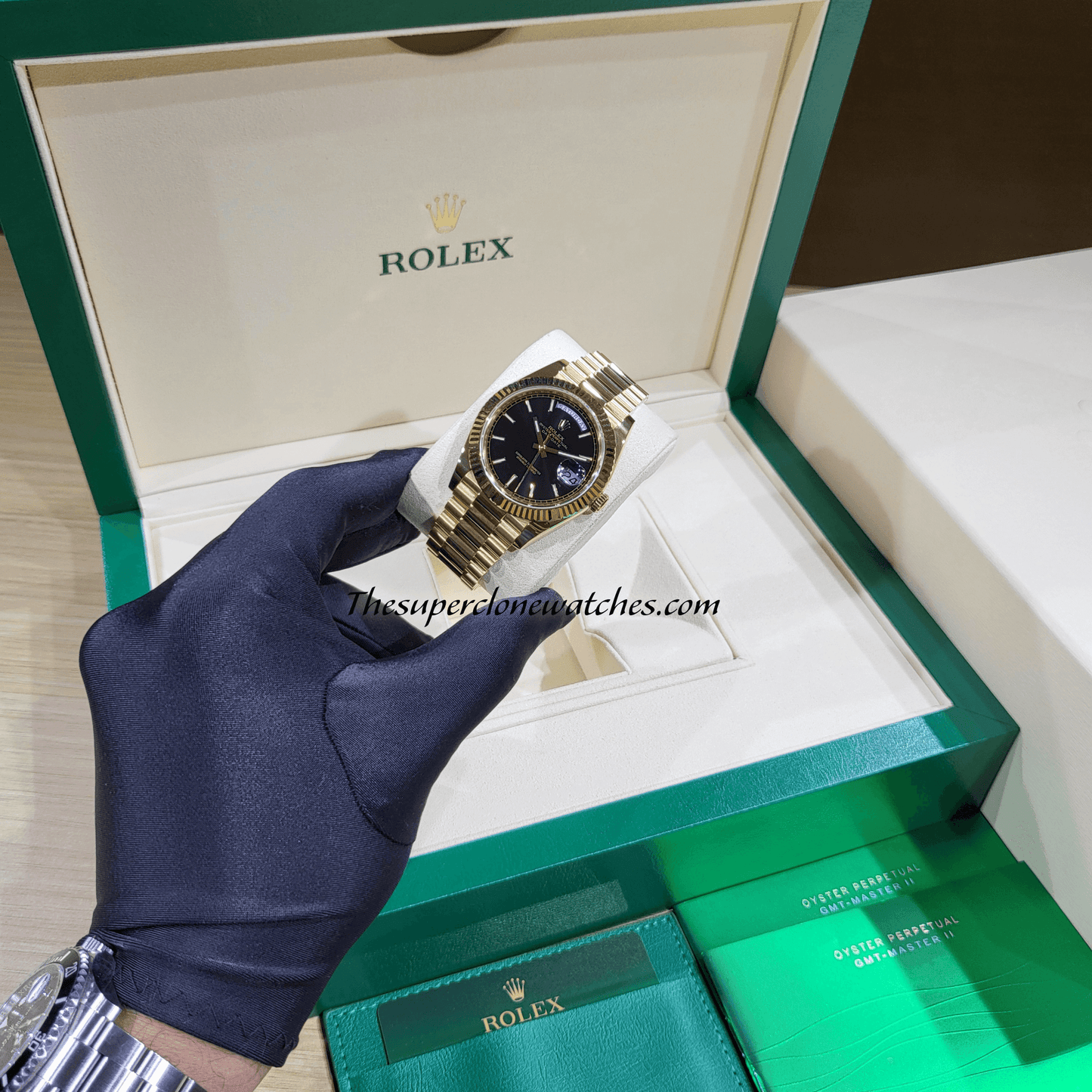 Rolex Day-Date 18kt Yellow Gold Bright Black Dial Exact 1:1 Super Clone 3255 Swiss Movement Replica Watch Ref-228238