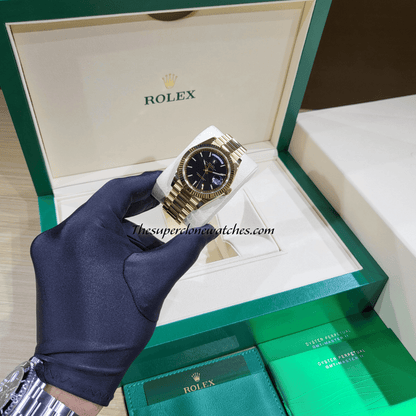 Rolex Day-Date 18kt Yellow Gold Bright Black Dial Exact 1:1 Super Clone 3255 Swiss Movement Replica Watch Ref-228238