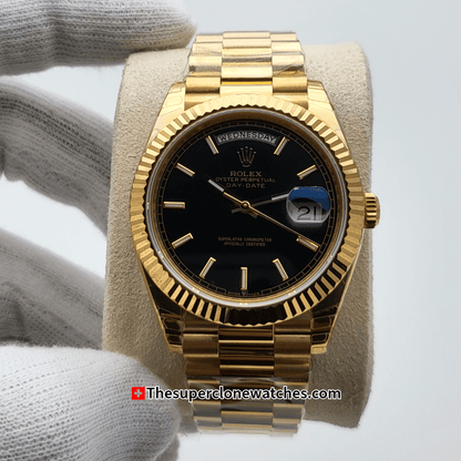 Rolex Day-Date 18kt Yellow Gold Bright Black Dial Exact 1:1 Super Clone 3255 Swiss Movement Replica Watch Ref-228238
