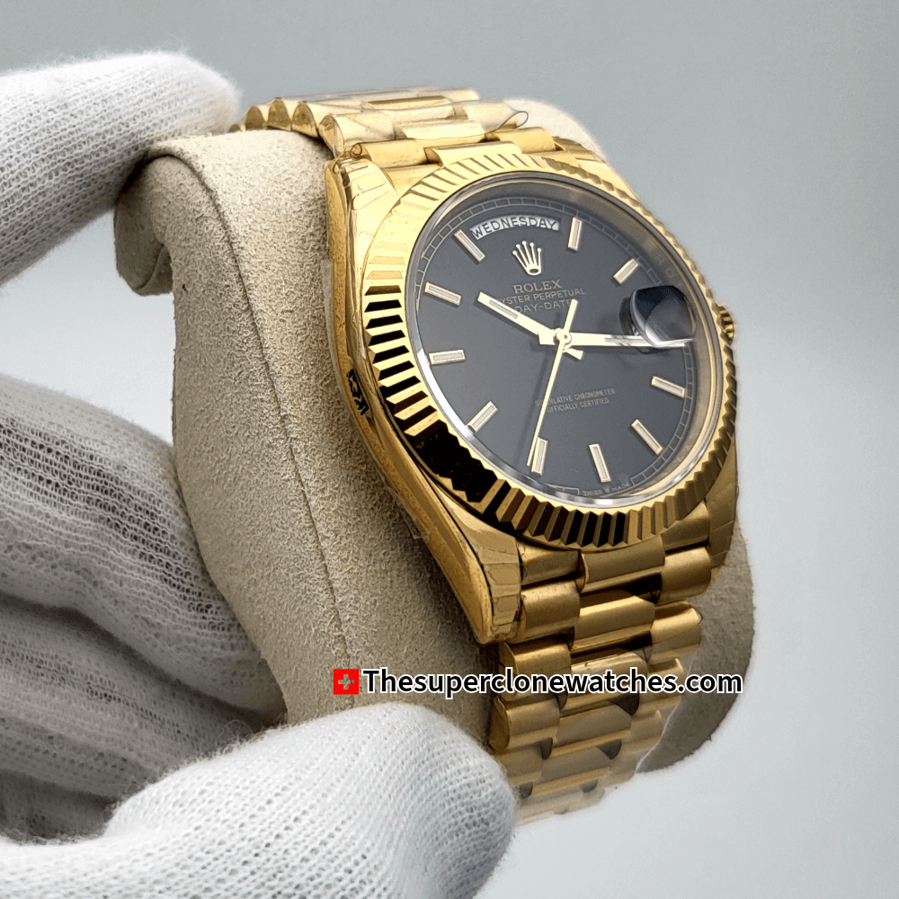 Rolex Day-Date 18kt Yellow Gold Bright Black Dial Exact 1:1 Super Clone 3255 Swiss Movement Replica Watch Ref-228238
