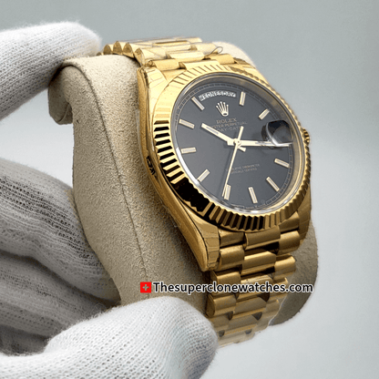 Rolex Day-Date 18kt Yellow Gold Bright Black Dial Exact 1:1 Super Clone 3255 Swiss Movement Replica Watch Ref-228238