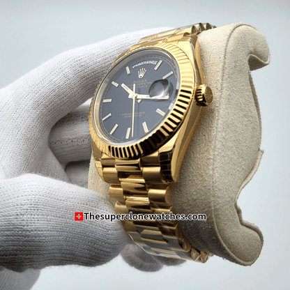 Rolex Day-Date 18kt Yellow Gold Bright Black Dial Exact 1:1 Super Clone 3255 Swiss Movement Replica Watch Ref-228238