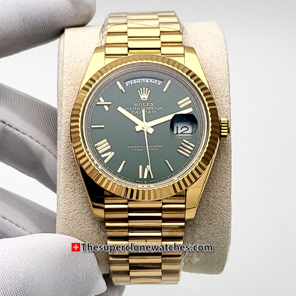 Rolex Day-Date 18kt Yellow Gold Green Dial Exact 1:1 Super Clone 3255 Swiss Movement Replica Watch Ref-228238