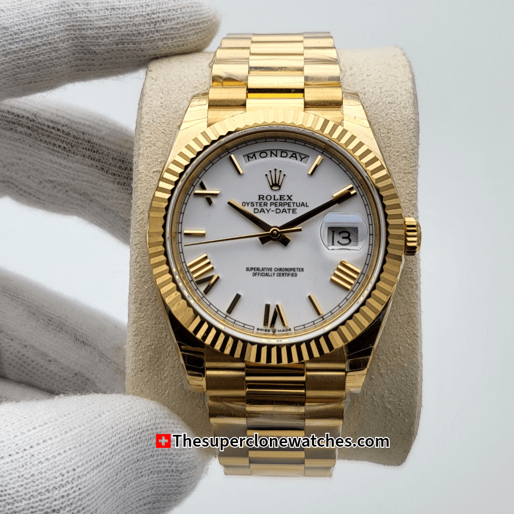 Rolex Day-Date 18kt Yellow Gold White Dial Exact 1:1 Super Clone 3255 Swiss Movement Replica Watch Ref-228238