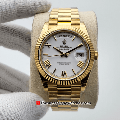 Rolex Day-Date 18kt Yellow Gold White Dial Exact 1:1 Super Clone 3255 Swiss Movement Replica Watch Ref-228238