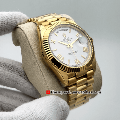 Rolex Day-Date 18kt Yellow Gold White Dial Exact 1:1 Super Clone 3255 Swiss Movement Replica Watch Ref-228238