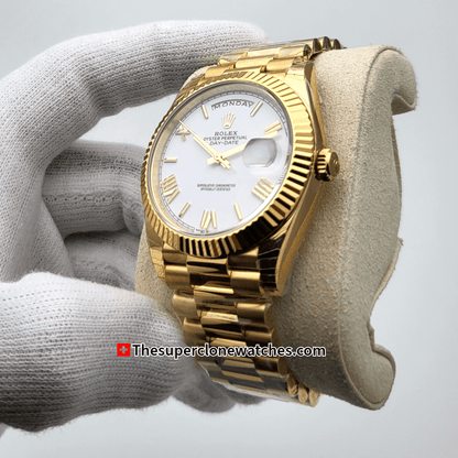 Rolex Day-Date 18kt Yellow Gold White Dial Exact 1:1 Super Clone 3255 Swiss Movement Replica Watch Ref-228238