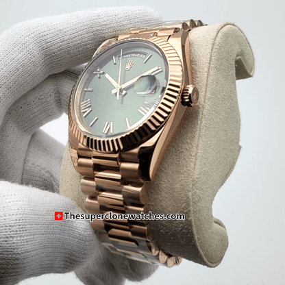 Rolex Day-Date Everose Gold Olive Green Dial Exact 1:1 Super Clone 3255 Swiss Movement Replica Watch Ref-228235