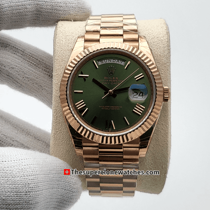 Rolex Day-Date Everose Gold Olive Green Dial Exact 1:1 Super Clone 3255 Swiss Movement Replica Watch Ref-228235