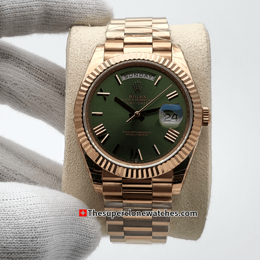 Rolex Day-Date Everose Gold Olive Green Dial Exact 1:1 Super Clone 3255 Swiss Movement Replica Watch Ref-228235