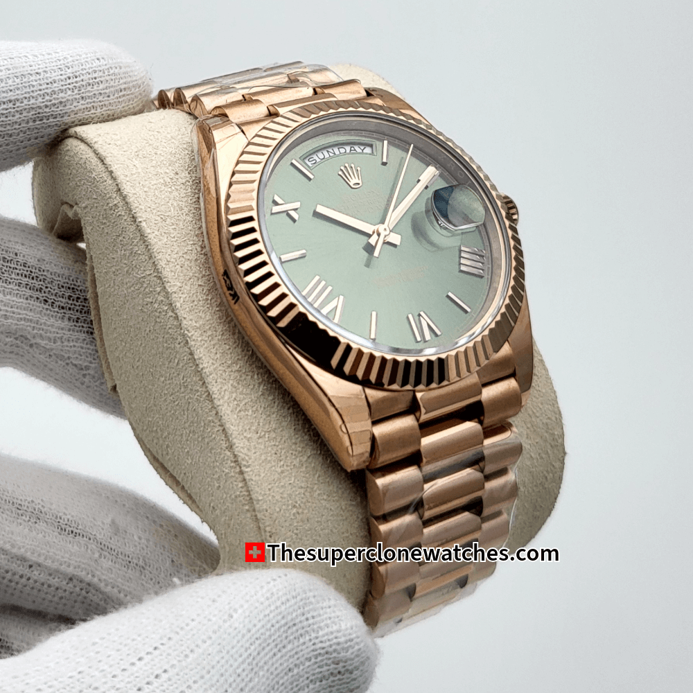 Rolex Day-Date Everose Gold Olive Green Dial Exact 1:1 Super Clone 3255 Swiss Movement Replica Watch Ref-228235