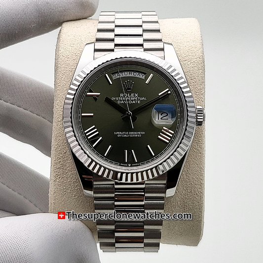 Rolex Day-Date Oyster Platinum Olive Green Dial Exact 1:1 Super Clone 3255 Swiss Movement Replica Watch Ref-228236