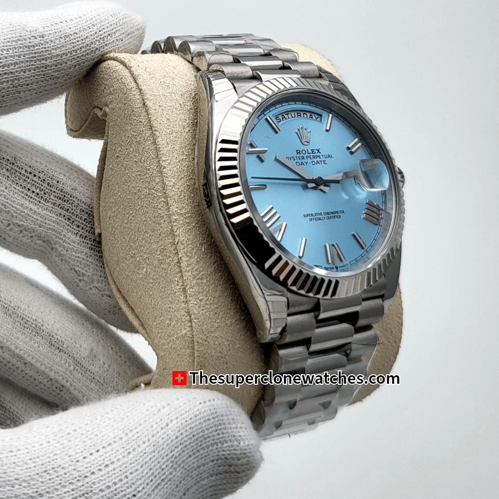 Rolex Day-Date Platinum Ice Blue Dial Exact 1:1 Super Clone 3255 Swiss Movement Replica Watch Ref-228236
