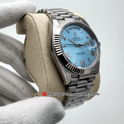 Rolex Day-Date Platinum Ice Blue Dial Exact 1:1 Super Clone 3255 Swiss Movement Replica Watch Ref-228236