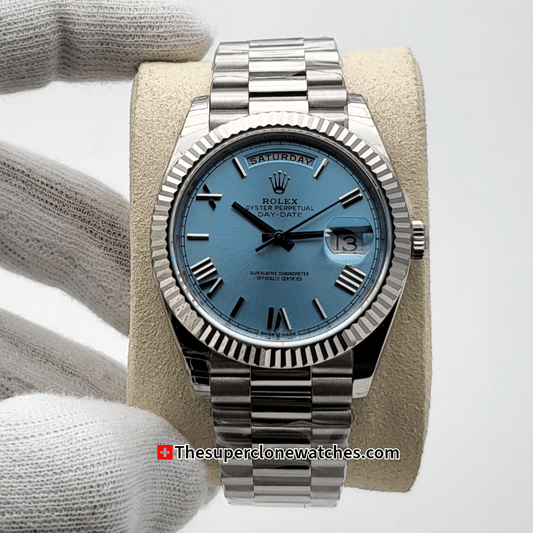 Rolex Day-Date Platinum Ice Blue Dial Exact 1:1 Super Clone 3255 Swiss Movement Replica Watch Ref-228236