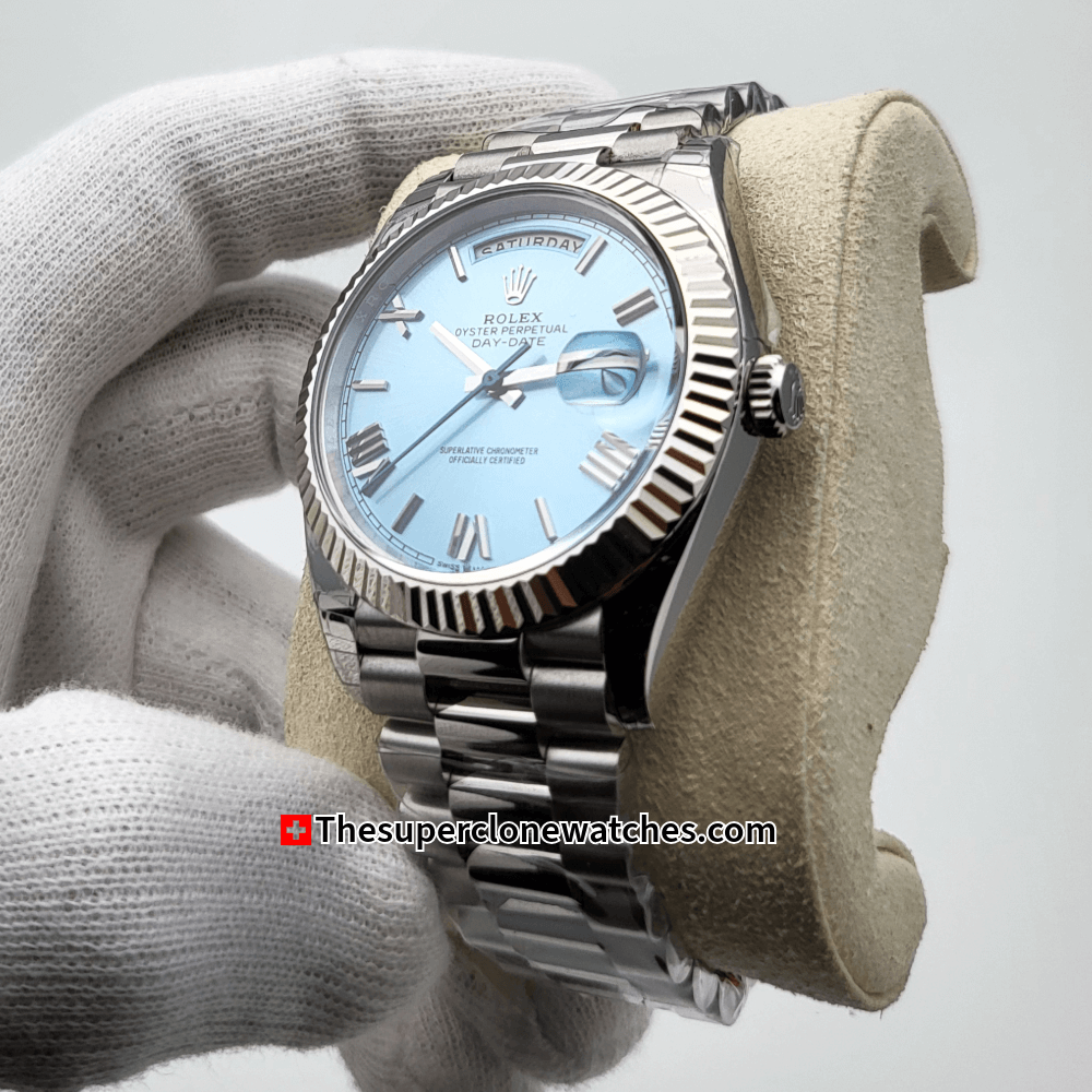 Rolex Day-Date Platinum Ice Blue Dial Exact 1:1 Super Clone 3255 Swiss Movement Replica Watch Ref-228236