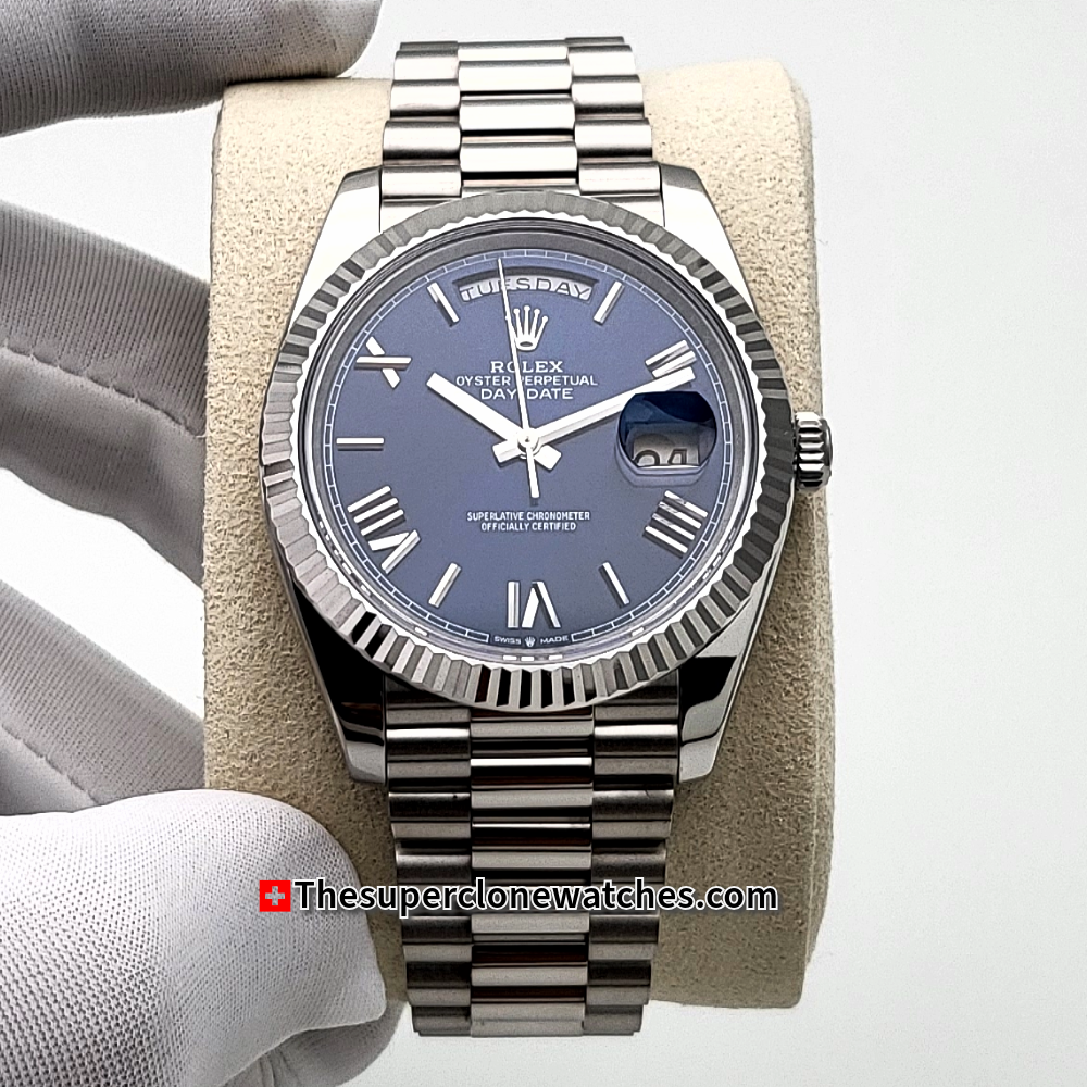 Rolex Day-Date White Gold Bright Blue Dial 40mm Exact 1:1 Super Clone 3255 Swiss Movement Replica Watch Ref-228239