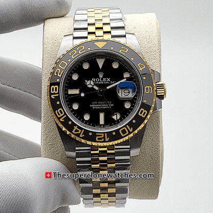 Rolex GMT Master II Oystersteel and Yellow Gold Black Dial 40mm Exact 1:1 Super Clone 3285 Swiss Movement Replica Watch Ref-126713GRNR