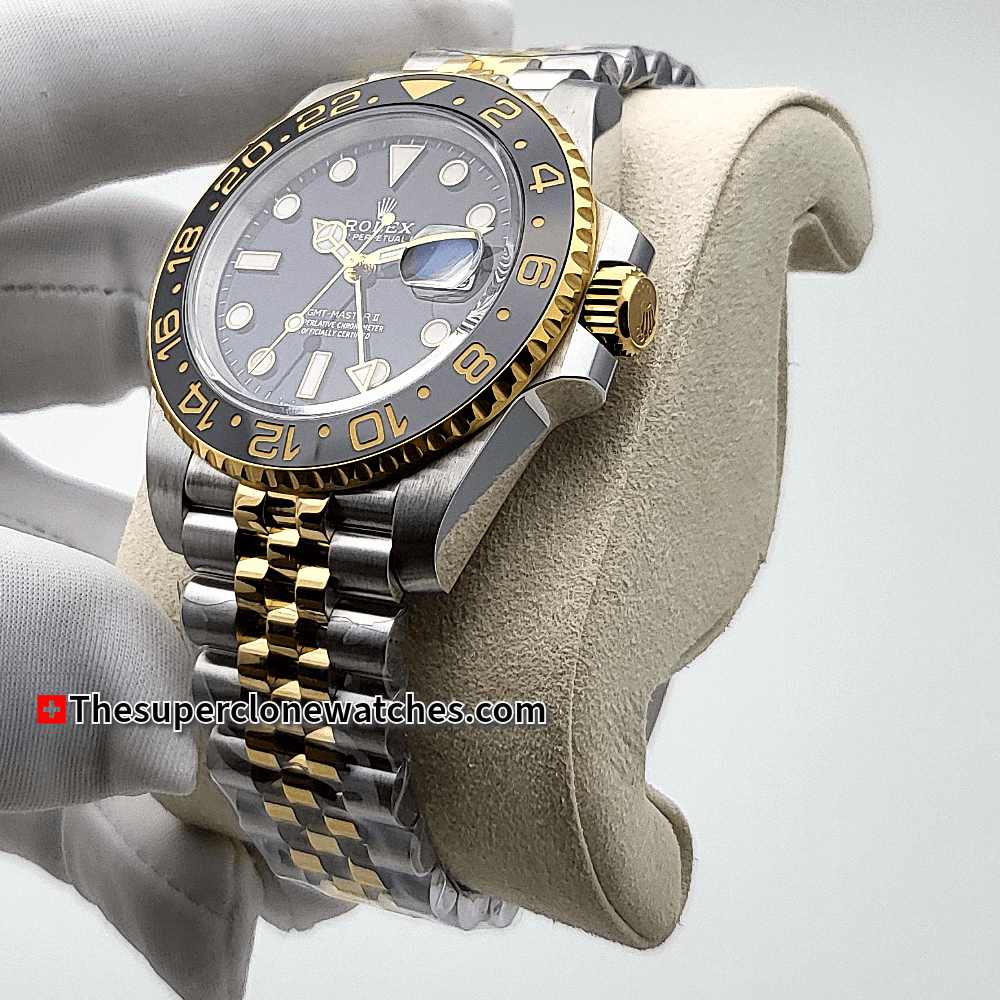 Rolex GMT Master II Oystersteel and Yellow Gold Black Dial 40mm Exact 1:1 Super Clone 3285 Swiss Movement Replica Watch Ref-126713GRNR