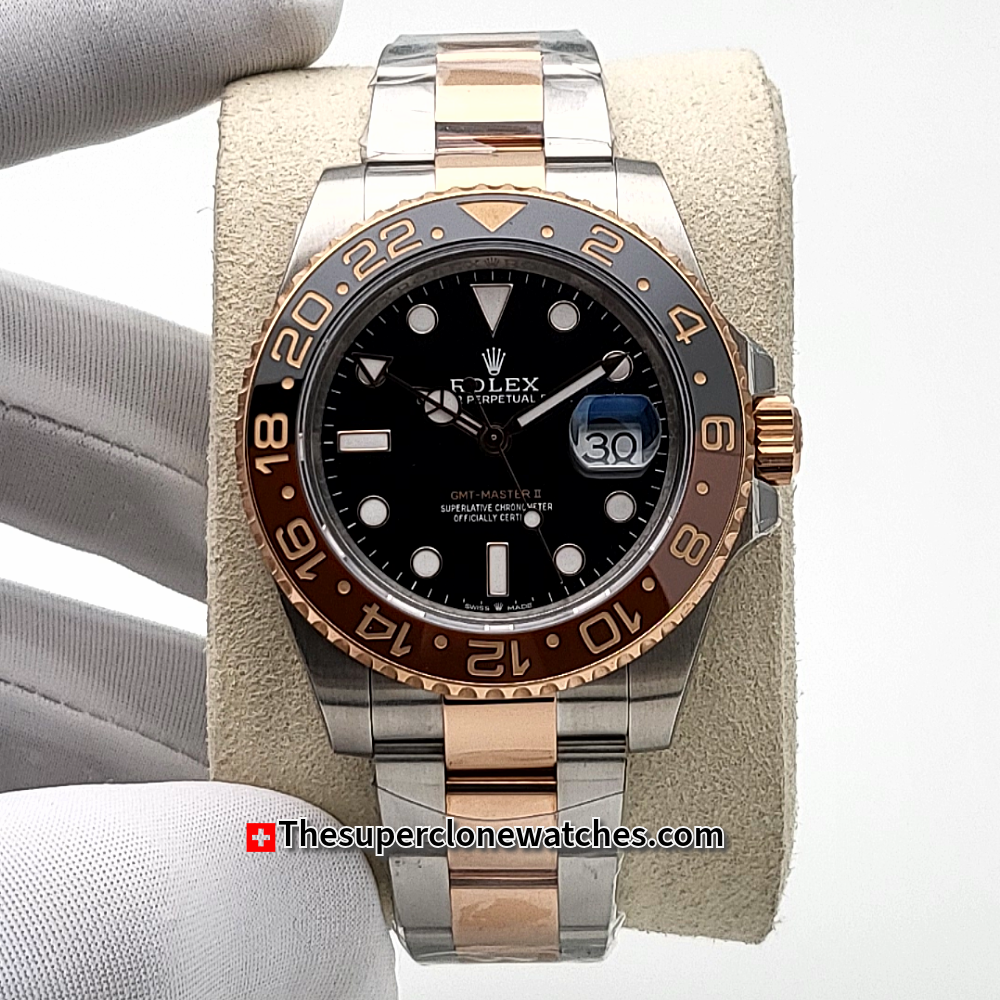 Rolex GMT Master II Rootbeer 2-Tone Black Dial Exact 1:1 Super Clone 3285 Swiss Movement Replica Watch Ref-126711CHNR