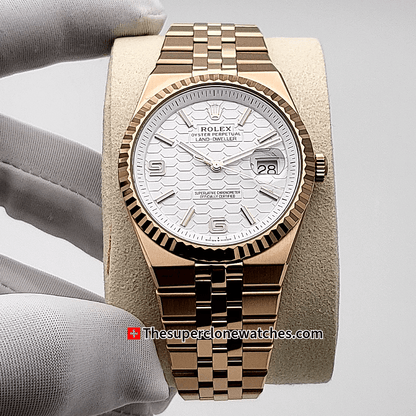 Rolex Land-Dweller 40mm Everose Gold White Honeycomb Motif Dial Exact 1:1 Super Clone 7135 Swiss Movement Replica Watch Ref-127335