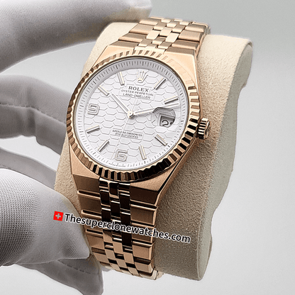 Rolex Land-Dweller 40mm Everose Gold White Honeycomb Motif Dial Exact 1:1 Super Clone 7135 Swiss Movement Replica Watch Ref-127335
