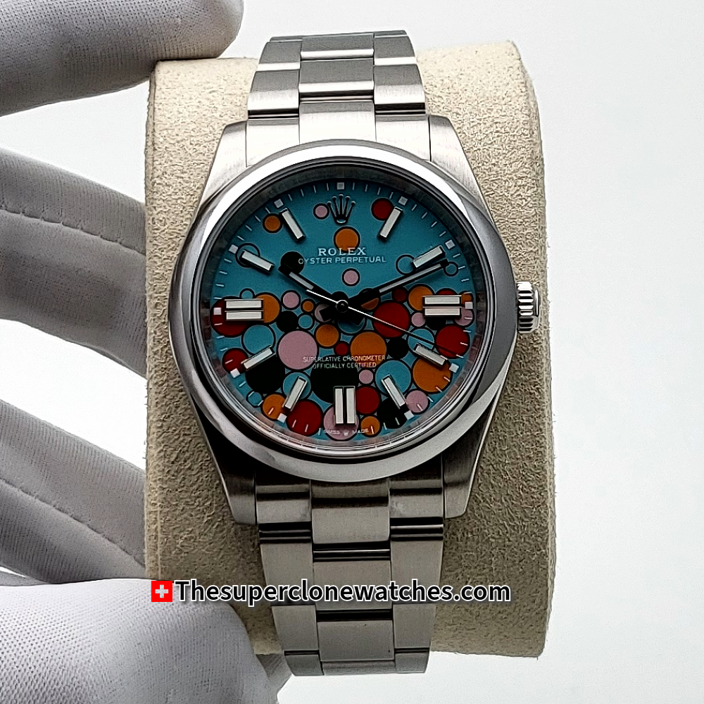 Rolex Oyster Perpetual Turquoise Blue Celebration Motif Dial Exact 1:1 Super Clone 3230 Swiss Movement Replica Watch Ref-124300