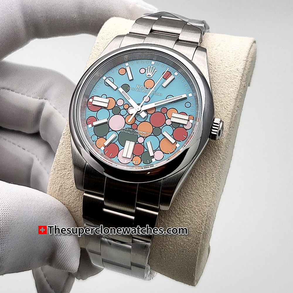 Rolex Oyster Perpetual Turquoise Blue Celebration Motif Dial Exact 1:1 Super Clone 3230 Swiss Movement Replica Watch Ref-134300