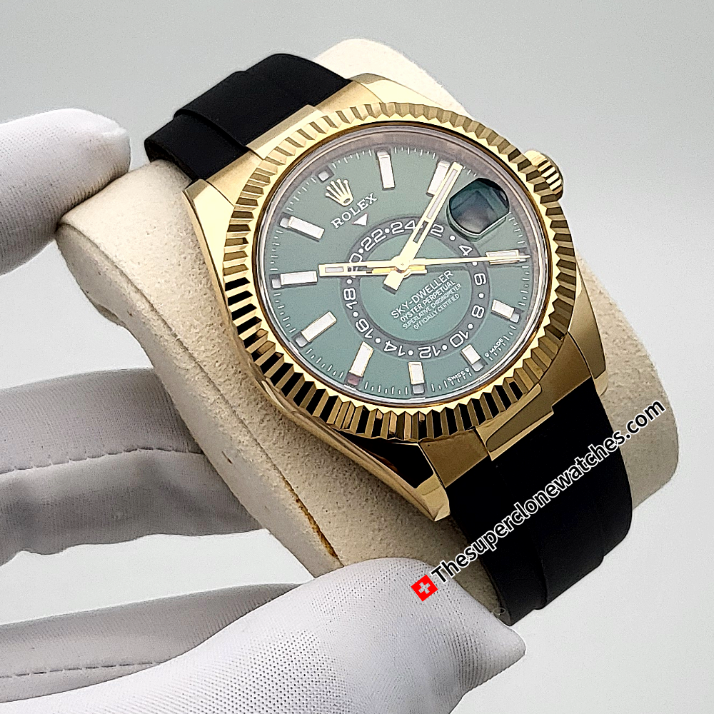 Rolex Sky-Dweller 18ct Yellow Gold Oysterflex Bright Green Dial 42mm Exact 1:1 Super Clone 9002 Swiss Movement Replica Watch Watch Ref-336238