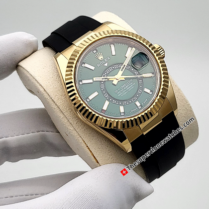 Rolex Sky-Dweller 18ct Yellow Gold Oysterflex Bright Green Dial 42mm Exact 1:1 Super Clone 9002 Swiss Movement Replica Watch Watch Ref-336238