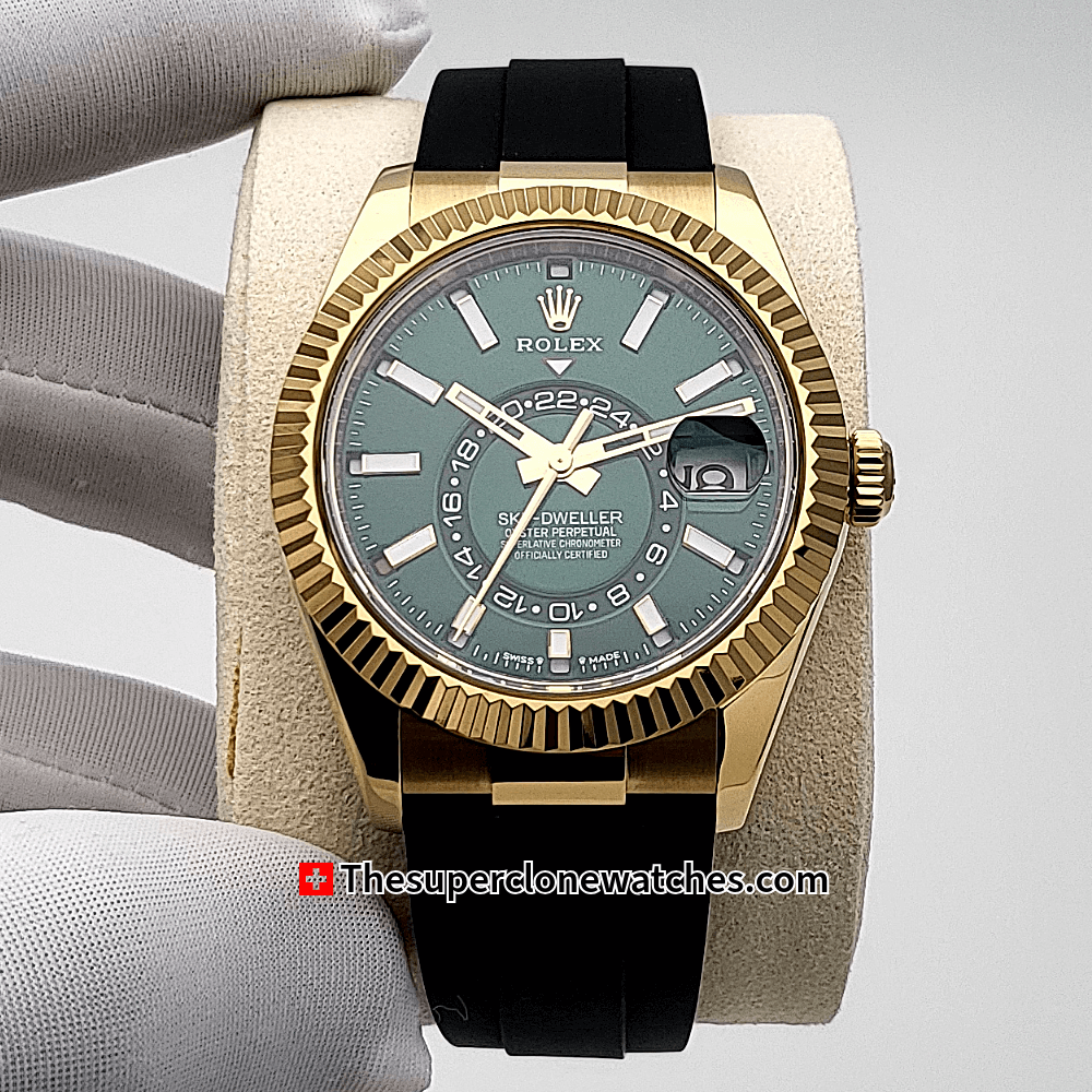 Rolex Sky-Dweller 18ct Yellow Gold Oysterflex Bright Green Dial 42mm Exact 1:1 Super Clone 9002 Swiss Movement Replica Watch Watch Ref-336238