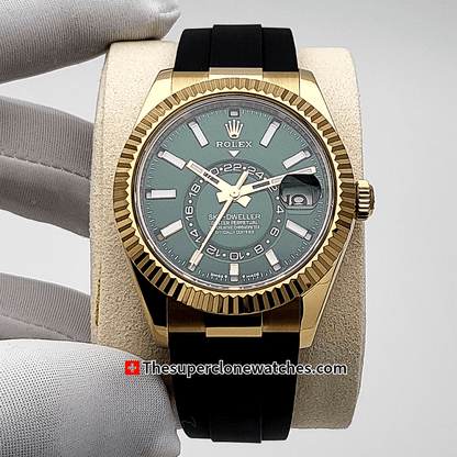 Rolex Sky-Dweller 18ct Yellow Gold Oysterflex Bright Green Dial 42mm Exact 1:1 Super Clone 9002 Swiss Movement Replica Watch Watch Ref-336238