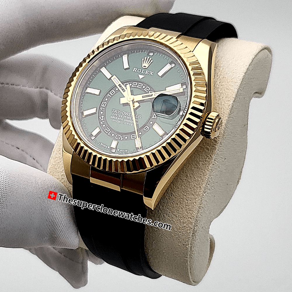 Rolex Sky-Dweller 18ct Yellow Gold Oysterflex Bright Green Dial 42mm Exact 1:1 Super Clone 9002 Swiss Movement Replica Watch Watch Ref-336238