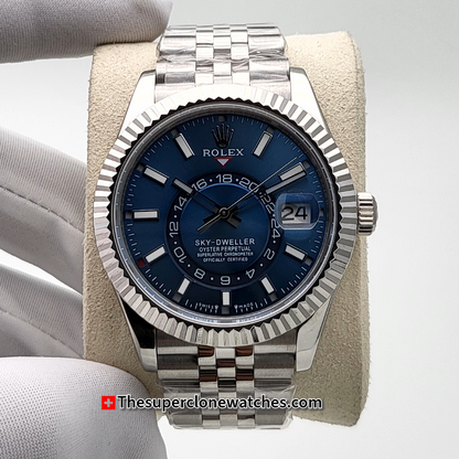 Rolex Sky-Dweller Oystersteel and White Gold Bright Blue Dial Jubilee Bracelet Exact 1:1 Super Clone 9002 Swiss Movement Replica Watch Ref-336934