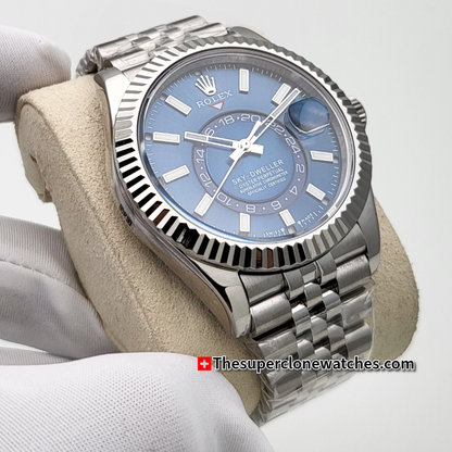 Rolex Sky-Dweller Oystersteel and White Gold Bright Blue Dial Jubilee Bracelet Exact 1:1 Super Clone 9002 Swiss Movement Replica Watch Ref-336934