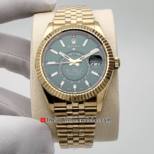 Rolex Sky-Dweller 18kt Yellow Gold Oysterflex Bright Green Dial Jubilee Bracelet Exact 1:1 Super Clone 9002 Swiss Movement Replica Watch Watch Ref-336938