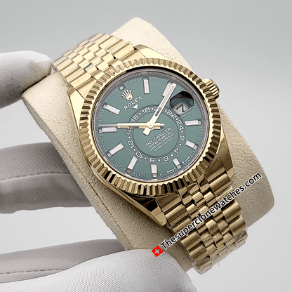 Rolex Sky-Dweller 18kt Yellow Gold Oysterflex Bright Green Dial Jubilee Bracelet Exact 1:1 Super Clone 9002 Swiss Movement Replica Watch Watch Ref-336938