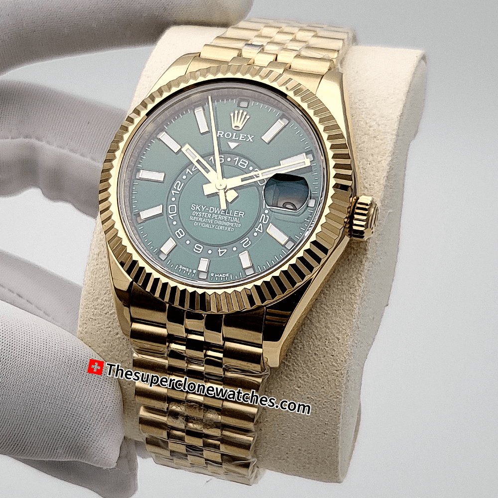 Rolex Sky-Dweller 18kt Yellow Gold Oysterflex Bright Green Dial Jubilee Bracelet Exact 1:1 Super Clone 9002 Swiss Movement Replica Watch Watch Ref-336938