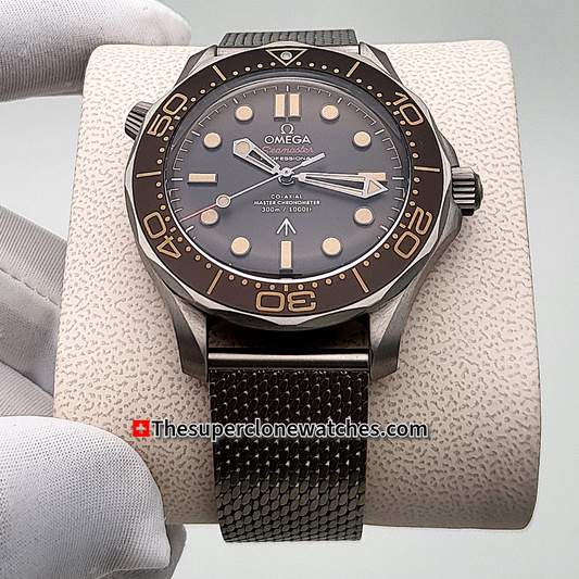 Omega Seamaster Diver 300M James Bond 007 Edition No Time to Die Titanium On Titanium Brown Dial Exact 1:1 Super Clone 8806 Swiss Movement Replica Watch + Nato Strap