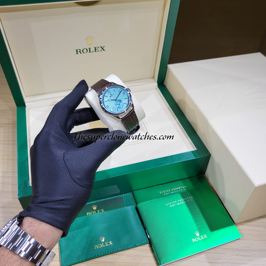 Rolex 1908 Platinum Ice Blue Dial Alligator Strap Exact 1:1 Super Clone 7140 Swiss Movement Replica Watch Ref-52506