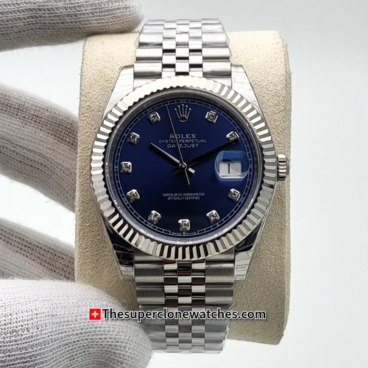 Rolex Datejust Oystersteel and White Gold Bright Blue with Diamonds Set Dial Exact 1:1 Super Clone 3235 Swiss Movement Replica Watch Ref-126334