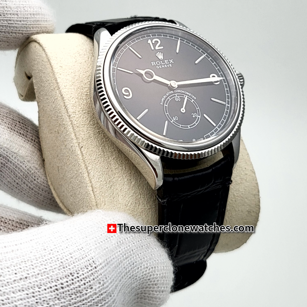 Rolex 1908 18kt White Gold Intense Black Dial Alligator Strap Exact 1:1 Super Clone 7140 Swiss Movement Replica Watch Ref-52509