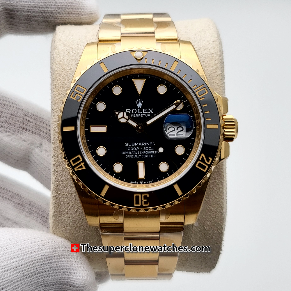 Rolex Submariner Date 18ct Yellow Gold Black Dial Exact 1:1 Super Clone 3235 Swiss Movement Replica Watch