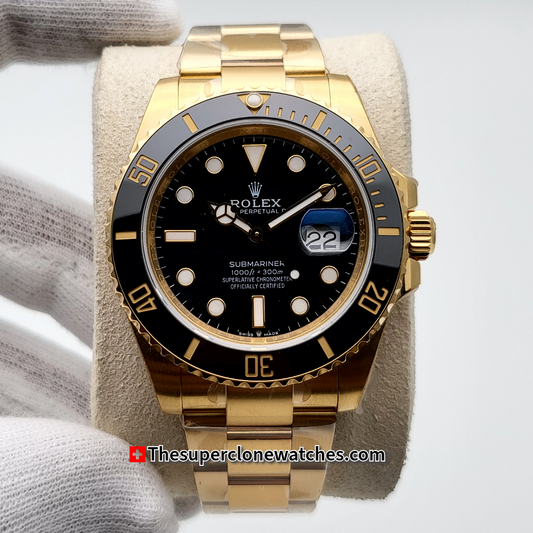 Rolex Submariner Date 18ct Yellow Gold Black Dial Exact 1:1 Super Clone 3235 Swiss Movement Replica Watch Ref-126618LN