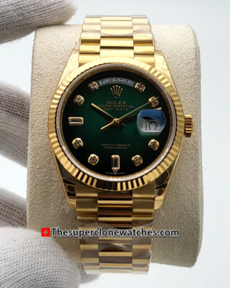 Rolex Day-Date 18kt Yellow Gold Green Ombre with Diamonds Set Dial Exact 1:1 Super Clone 3255 Swiss Movement Replica Watch Ref-128238