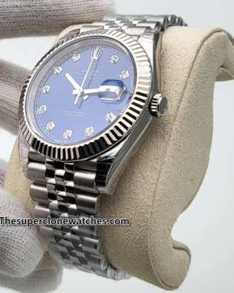 Rolex Datejust Oystersteel and White Gold Bright Blue with Diamonds Set Dial Exact 1:1 Super Clone 3235 Swiss Movement Replica Watch Ref-126334