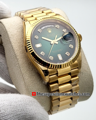 Rolex Day-Date 18kt Yellow Gold Green Ombre with Diamonds Set Dial Exact 1:1 Super Clone 3255 Swiss Movement Replica Watch Ref-128238