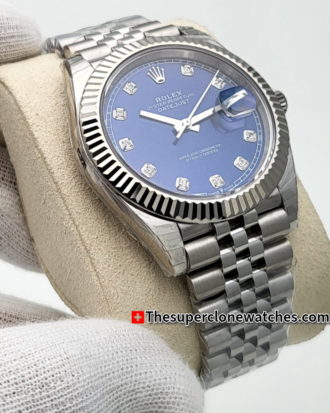 Rolex Datejust Oystersteel and White Gold Bright Blue with Diamonds Set Dial Exact 1:1 Super Clone 3235 Swiss Movement Replica Watch Ref-126334