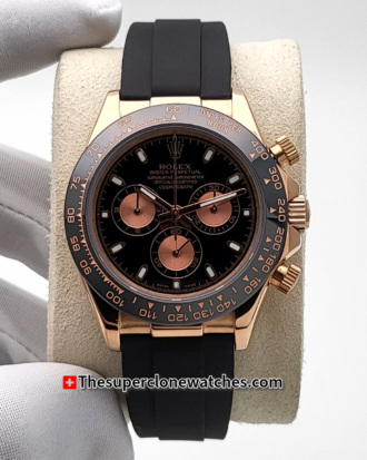 Rolex Cosmograph Daytona 18kt Everose Gold Oysterflex Black Dial Exact 1:1 Super Clone 4130 Swiss Movement Replica Watch Ref-116515LN